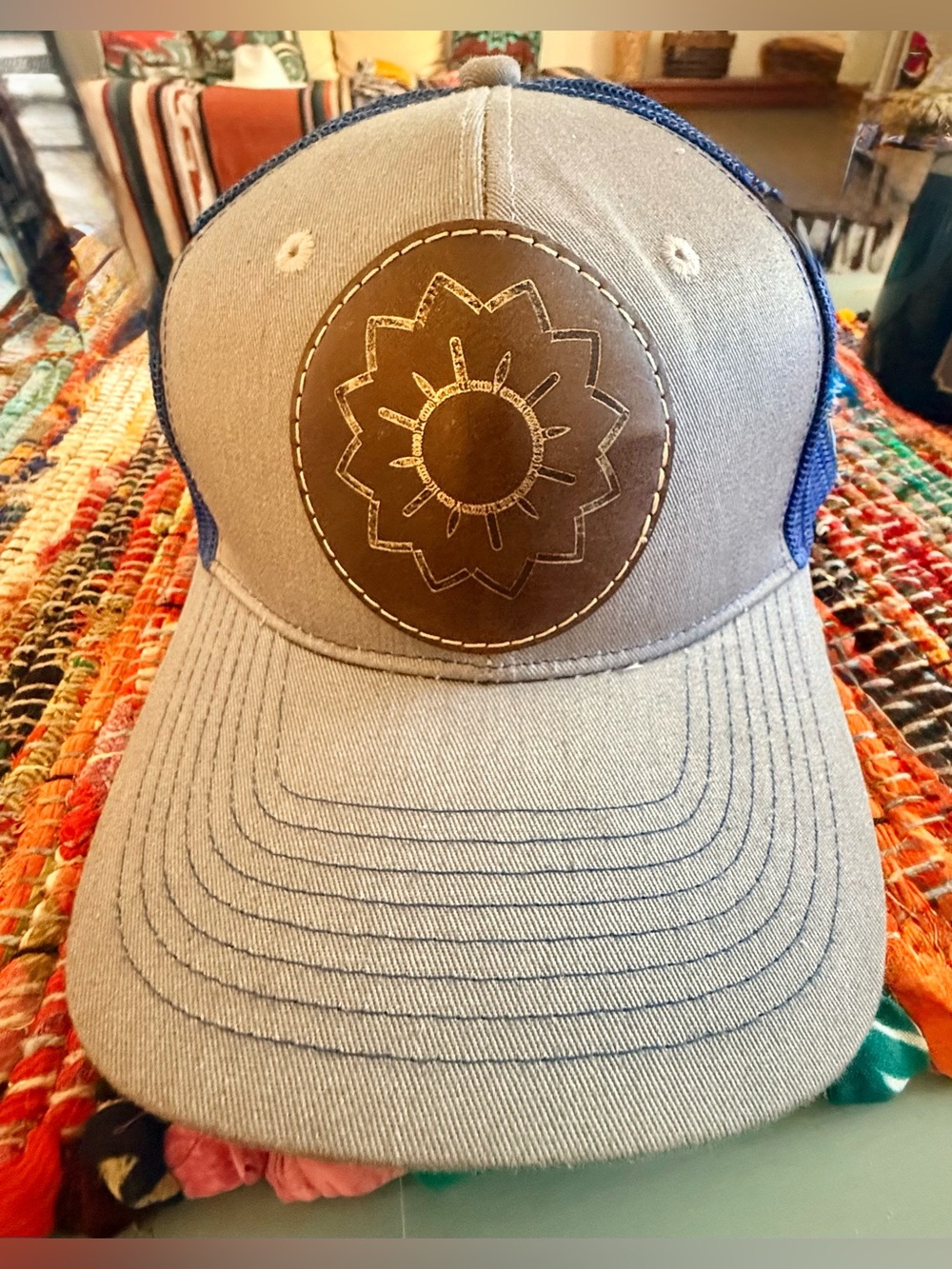 Port Authority Gray and Blue Trucker Hat with Leather Sunburst